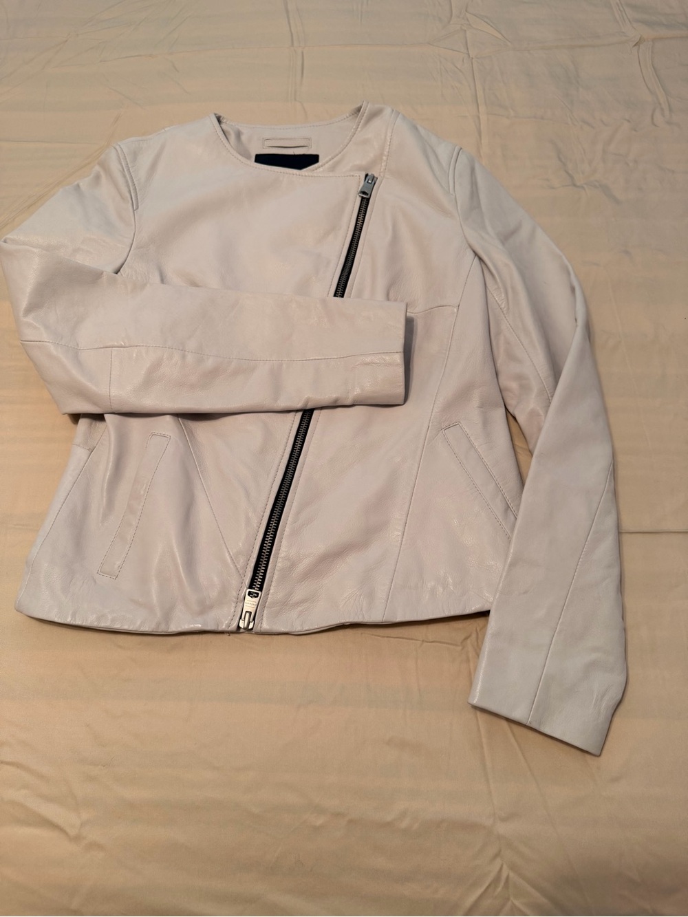 All Saints Cream Leather Asymmetrical Zip Jacket